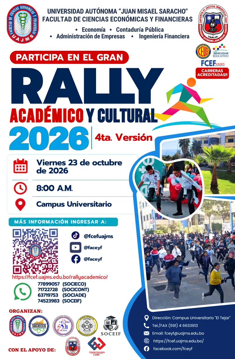 Flyer oficial del Rally Académico y Cultural 2026: 23 de octubre, 08:00, Campus Universitario